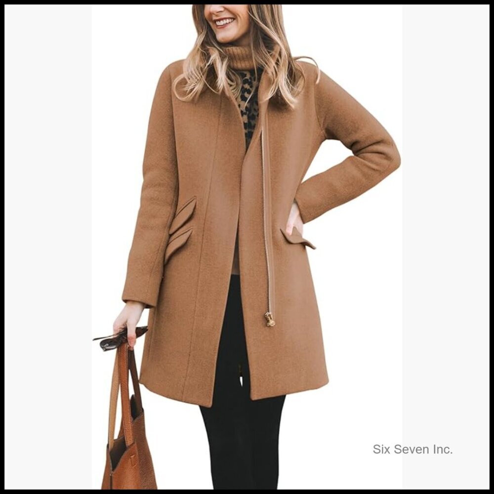 Long Wool Blend Pea Coat with Zip Closure and Funnel Neck